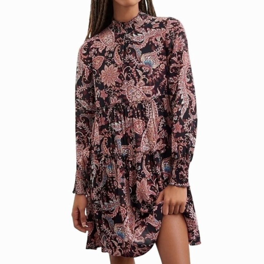 Anthropologie Paisley Mini Dress Small‎ Black Long Sleeve Ruffle Hem Boho Chic